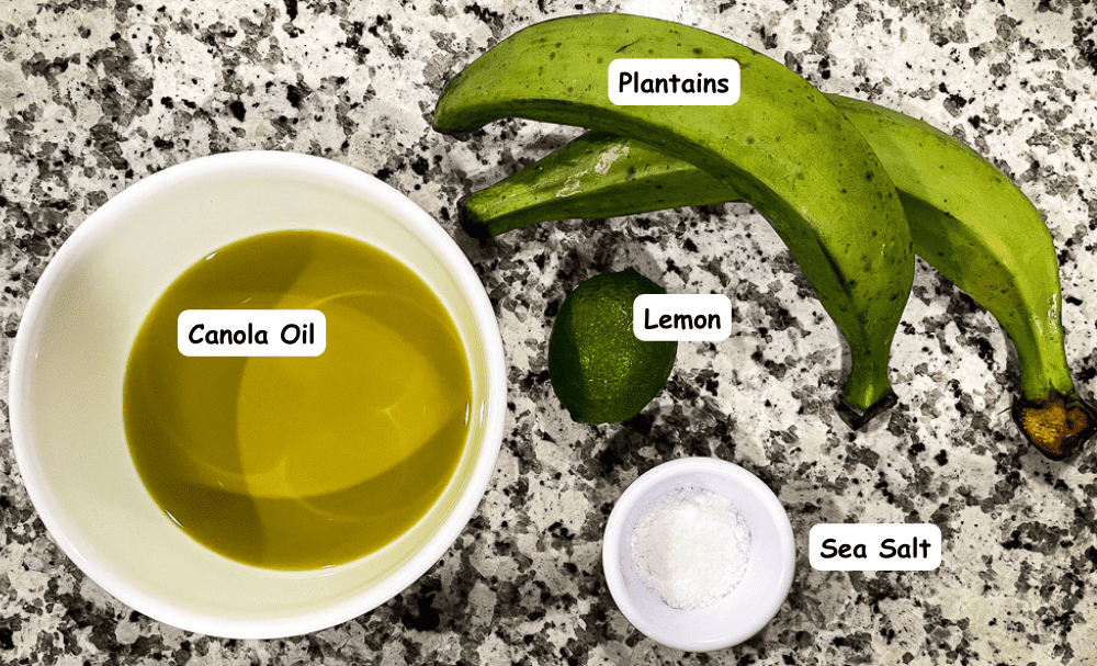 Tostone Ingredients. Canola oil, plantains, lemons, sea salt.