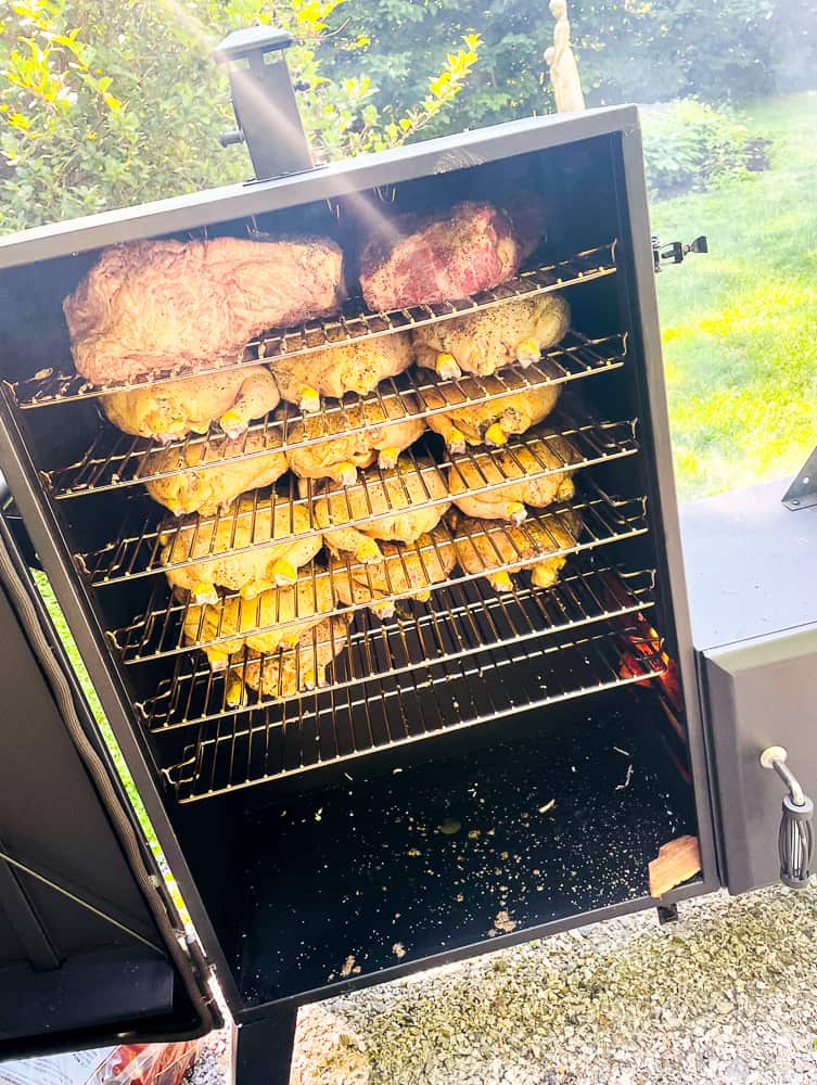 Smoker with 13 chickens and 2 pork shoulders
