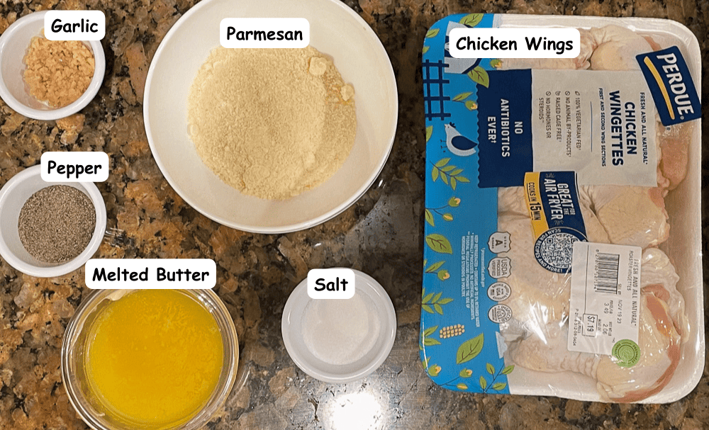 Garlic parmesan wings ingredients. Chicken wings, garlic, parmesan cheese, melted butter, salt, pepper.