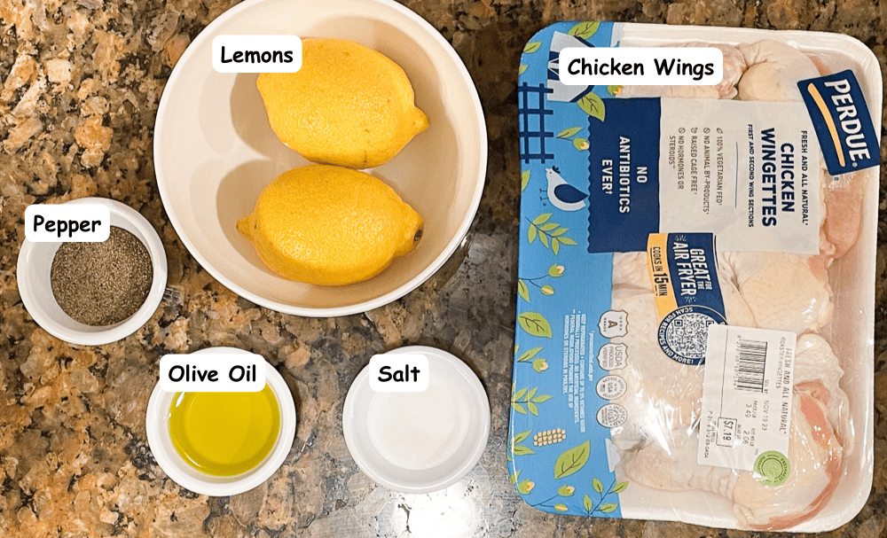 Lemon pepper wing ingredients. Chicken wings, lemons, pepper, olive oil, salt.