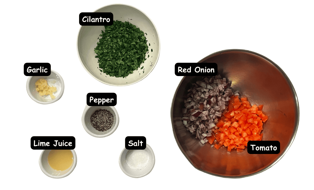 Pico de gallo ingredients. Red onion, tomato, cilantro, garlic, lime juice, salt, pepper.